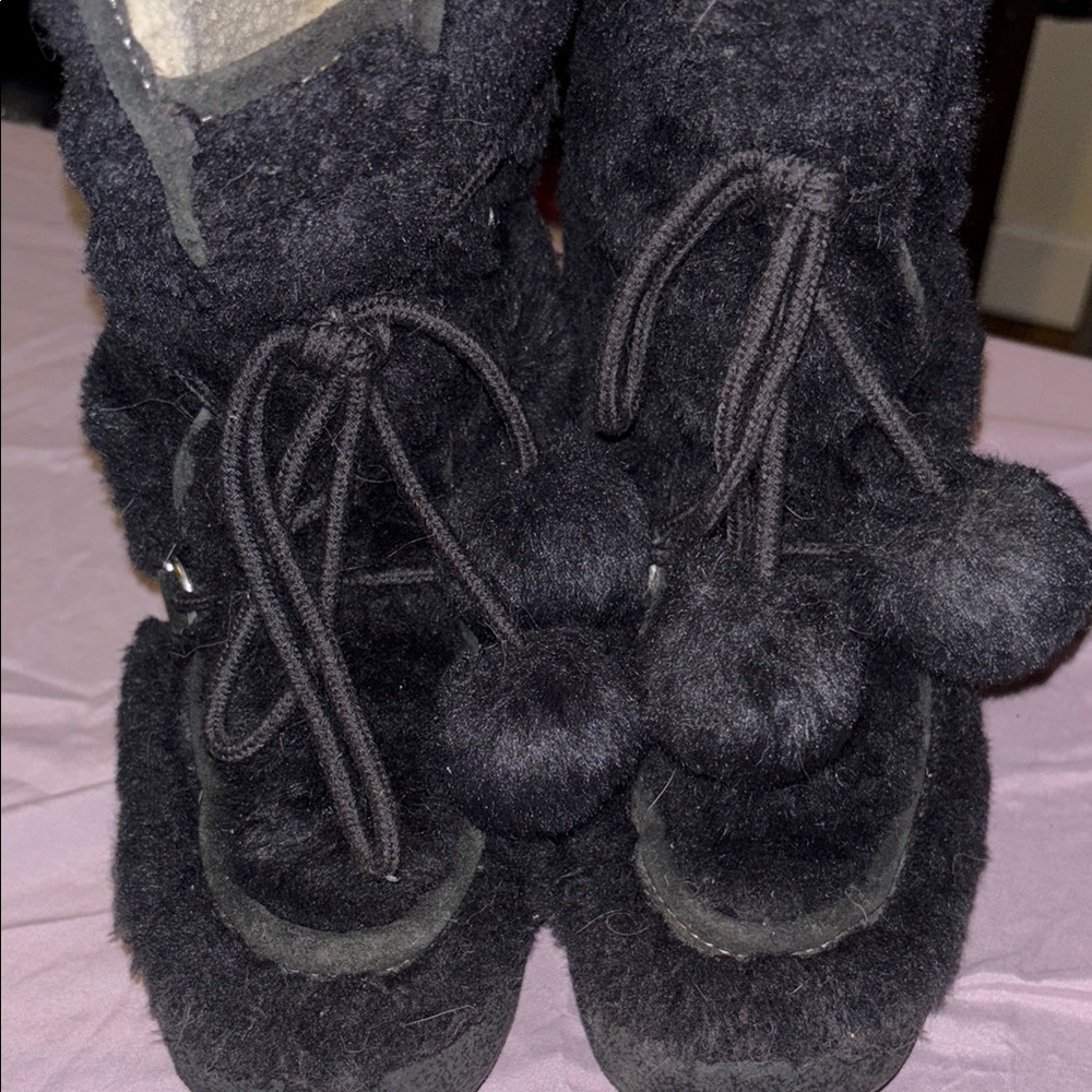 Black Fuzzy Boots with Pom Poms
